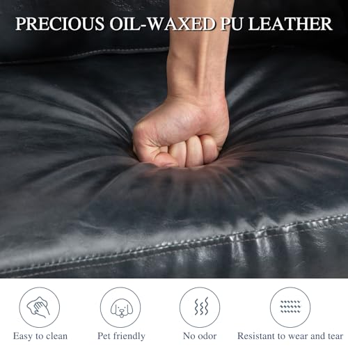 HAOMARKETS 360 Degree Swivel Accent Chair Set of Two with Plump Back Pillow, Waterproof Oil Waxed PU Leather Swivel Armchair with Rivets, Comfy Vintage Round Barrel Chair for Living Room - Thumbnail 6