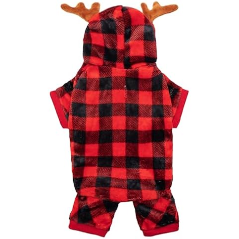 JVVGPET Dog Christmas Pajamas for Small Dogs, Antlers Hooded Dog Costume Christmas pjs Puppy Sweatshirt, Red Plaid Cute Warm Winter Fall Holiday Dog Clothes Cover