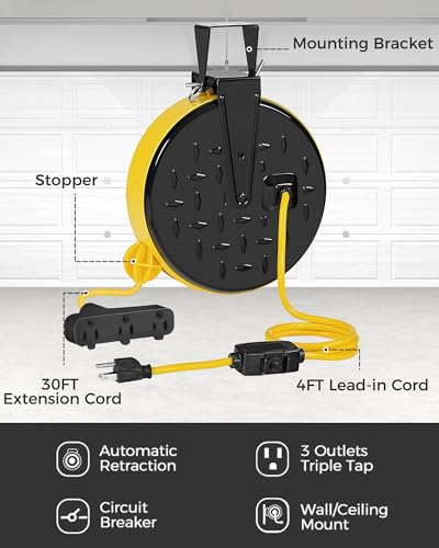 Wilawels 30 Ft Retractable Extension Cord Reel, 16/3 Gauge Sjtw Power Cord With 3 Electrical Outlets Pigtail For Garage And Shop thumb #8