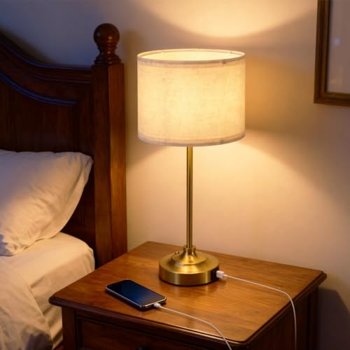 Bojim Lamparas de Mesita de Noche Modernas Tactiles, Candeeiro Mesa de Cabeceira Rusticas con Puertos USB A+C, Bedside Lamp Vintage Base de Metal y Paralume de Lino, para Salon Dormitorio