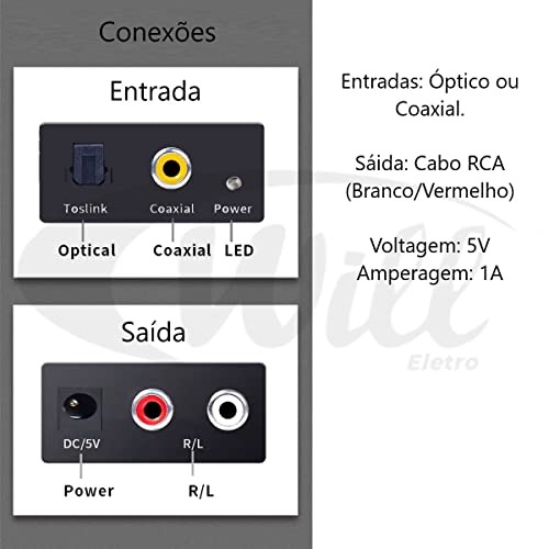 Conversor Áudio Óptico Digital Fibra Coaxial Rca Analógico