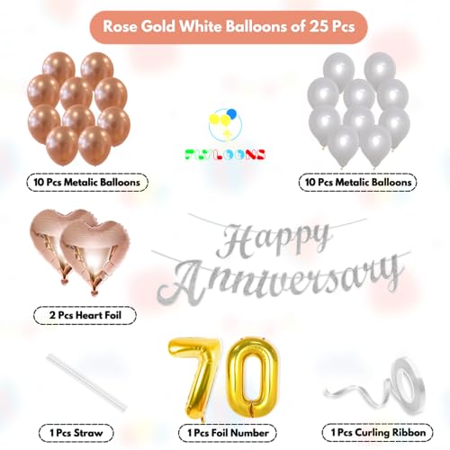 Image of Flyloons 70th Happy Anniversary Decoration Items Rose Gold White for Men Women Husband Wife Mom Dad Parent Couple Home Bedroom Car With 20 Pcs Metallic Balloons Anniversary Banner 2 Pcs Heart Set Kit