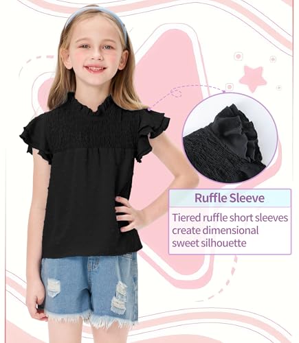 Girls Ruffle Short Sleeve Blouse Pleated Crewneck Shirt Summer Cute Swiss Dot Tops 5-14 Years3