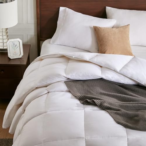 Image of APSMILE Lightweight Down Feather Fibers Comforter Oversized Queen Size - Cooling Bed Comforter, Hotel Collection High Fill-Power Thin Duvet Insert for Warm Weather /Hot Sleepers, 98x98, White