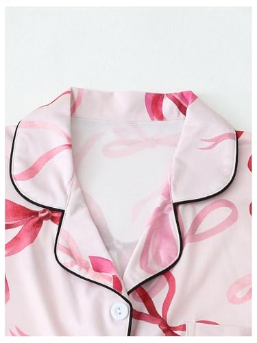 Image of Verdusa Women's 2 Piece Floral Bow Pajama Set Short Sleeve Button Down Shirt and Shorts Set
