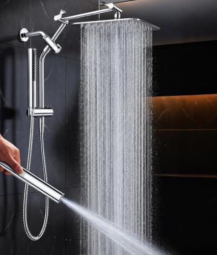 Veken All Metal 10' Shower Head with Handheld, Luxurious Square Double Rain Shower Heads with Spray Combo, Dual High Pressure Detachable Rainfall Showerhead with Extension Arm, Long Hose,Chrome,Sliver