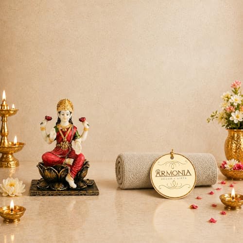 Image of ARMONIA Laxmi MATA Idol with Lotus Throne and Golden Crown | Mahalakshmi Devi Murti for Home, Mandir,Office Desk,Varalakshmi Vratam,Spiritual Decoration,Best Spiritual Gift for Wedding & Housewarming