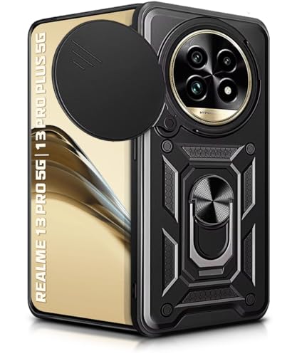 Image of WOW IMAGINE Tough Armor Bumper Mobile Back Case for Realme 13 Pro 5G | 13 Pro Plus 5G | Sliding Camera Shield Cover | Shock Proof 360 Protection | Hybrid PC + TPU | Ring Holder with Kickstand - Black
