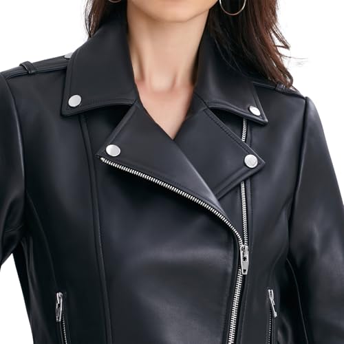 Lambskin Leather Jacket Women,Motorcycle Jacket,Classic Asymmetrical Zip Style,Buckle Belts,Multiple Pockets4