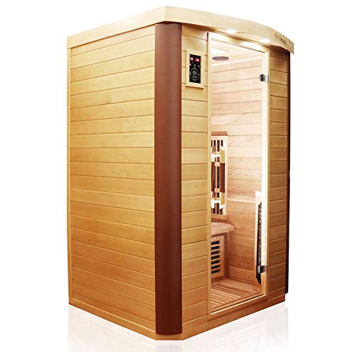 Dewello Infrarotkabine Infrarotsauna Toronto 127×106 für 1- 2 Personen aus Hemlock & Zedernholz mit stufenlos regelbaren Vollspektrumstrahlern, Bodenstrahler, LED- Farblicht, Bluetooth, FM, MP3, USB-2