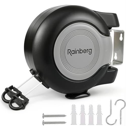 Rainberg 2x15m Double Retractable Washing Line | Strong and Durable Holds up to 30KG | Extendable Clothes Line Automatic Retraction Wall-Mounted | Space-Saving PVC-Coated Indoor & Outdoor Use Black