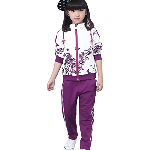 LSERVER Enfant Fille Ensemble de sport 2 Pcs Haut à Capuche + Pantalon Décontractée Survêtement, Violet, 4-5 ans(Taille fabricant: 120)