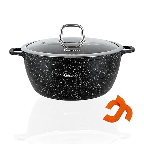 GOLDMANN Pentola in alluminio pressofuso, 32 cm, con manico in silicone, 9,9 litri, rivestimento antiaderente in marmo e ceramica e coperchio in vetro