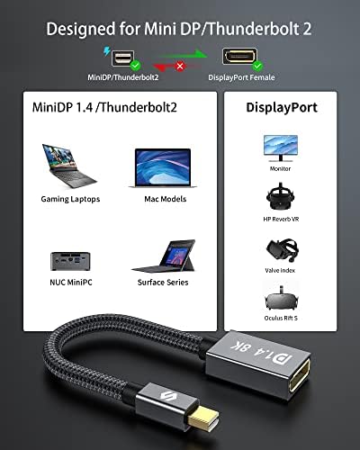 Silkland Mini Displayport to Displayport Adapter, Mini DP 1.4 to DP Adapter 8K@60Hz 4K@144Hz, Thunderbolt 2 Converter Nylon with HDR HBR3 G-Sync FreeSync, for Laptop MacBook iMac Monitor VR