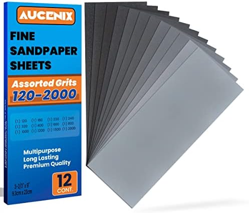 Aucenix 12PCS Sandpaper, 120 to 2000 Mixed Grits Assorted Sanding Paper Pack for Wood, Fine & Coarse Wet & Dry Waterproof Abrasive Paper Sheets for Walls, Metal Plastic, Furniture Finishing, Polishing