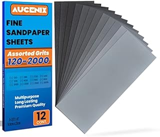 Aucenix 12PCS Sandpaper, 120 to 2000 Mixed Grits Assorted Sanding Paper Pack for Wood, Fine & Coarse Wet & Dry Waterproof Abrasive Paper Sheets for Walls, Metal Plastic, Furniture Finishing, Polishing