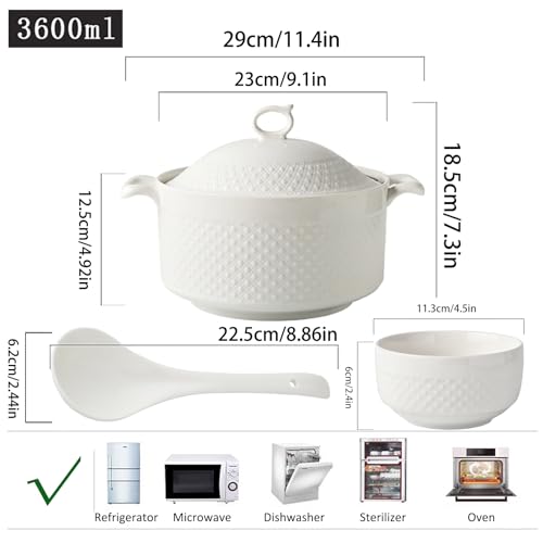 LAAMMIAM Soup Tureen with Bowls,Porcelain Soup Serving Bowl with Lid and Ladle White Tableware Set for Home Kitchen Restaurant,3.6l+6