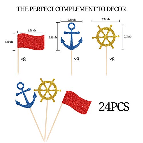 24 Pcs Nautical Themed Cupcake Toppers - For Baby Shower, Bridal Shower, Anchor Cupcake Toppers, Engagement, Sailors Welcome Party Cupcake Toppers Picks(Gold, Royal Blue, Red) #TOP5