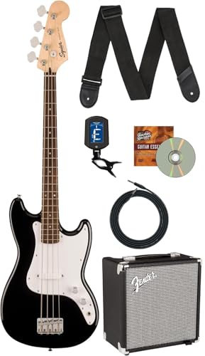 Fender Squier Sonic Bronco Bass Guitar - Black Bundle with Rumble 15 Bass Amplifier, Cable, Tuner, Strap, and Austin Bazaar Instructional DVD