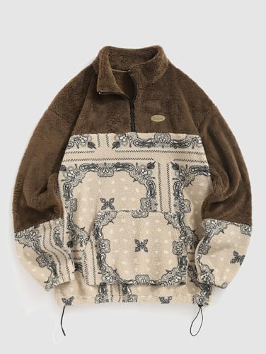 Image of ZAFUL Men 1 /4 Zipper Ethnic Aztec Fleece Unisex Winter Sweatshirt Tops 2026 | Funnel Neck Fluffy Polar Fleece Faux Sherpa Soft Thermal Pullover Kangaroo Pocket Jacket Hoodie Tops