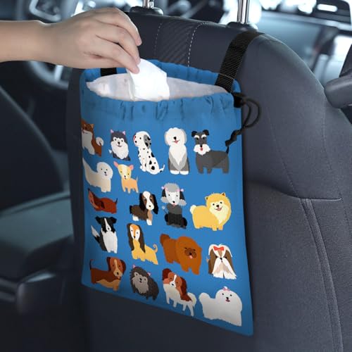 Image of Car Trash Bag Hanging Back of Seat Waterproof Small Cute Printed One-Handed Strap Drawstring Garbage Bags for Car-Cute Animal Dogs