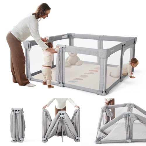 Image of Foldable Baby Playpen,Portable Indoor & Outdoor Playpen for Babies and Toddlers,59 inchx59 inchExtra Large Play Pen with Gate,Collapsible Baby Fence with Travel Bag(Cationic Light Grey)