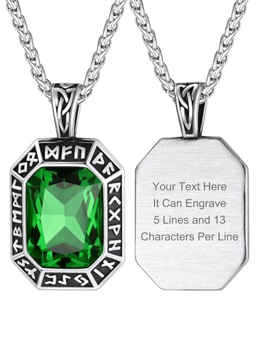 Image of ChainsHouse Viking Rune Pendant Necklace for Men Women, Punk Biker Black Metal /316L Stainless Steel Onyx Norse Vintage Amulet Necklaces with Black /Red /Green /Blue Gemstone, Send Gift Box