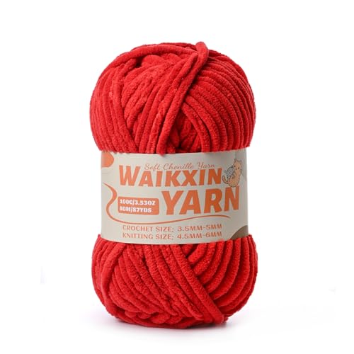 Image of (Red) Super Soft Fuzzy Chenille Chunky Yarn for Crocheting, 100g (87yds) Fluffy Velvet Yarn for Hand Knitting Baby Blankets Weaving Craft