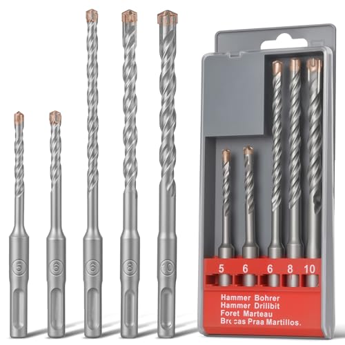 Flintronic 5 PCS Juego de Brocas SDS Plus, 5/6 x 115 mm+6/8/10 x 165mm Brocas SDS Plus Hormigon, con 4 Cortes de Metal Duro y Doble Hélice, para Taladrar en Hormigón, Ladrillos, Cemento, Mampostería