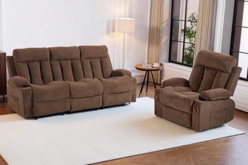 WiNVO Manual Reclining Sofa Set, 2 Piece Recliner Living Room Furniture Sets with Side Pockets, Cup Holders for Home Theater, Office (Brown, Sofa+Chair)
