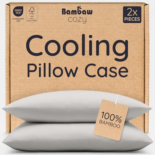 Bambaw Bamboo Pillow Cases 50x75 cm 2 Pack Summer Cooling Pillowcases for Night Sweats 100% Bamboo Pillows Case with Envelope Closure Antifungal Soft Pillow Covers Pack of 2 50x57 cm (Grey)