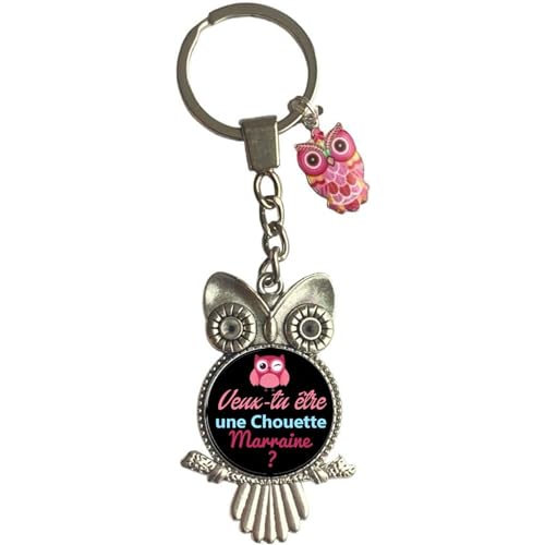 Créa03 Llavero, ¿quieres ser mi búho madrina? idea-regalo-anuncio-nacimiento-navidad-cumpleaños, Negro, 8cm, negro, 8cm, Clásico