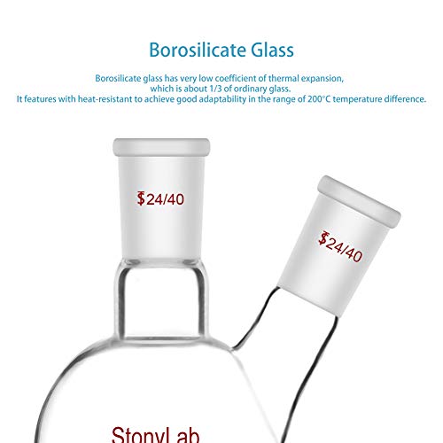 Stonylab Glass 250Ml Heavy Wall 2 Neck Round Bottom Flask Rbf, With 24/40 Center And Side Standard Taper Outer Joint - 250Ml #TOP2