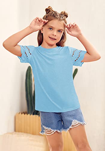 Geckatte Kids Girls' T-Shirts Short Sleeve Crewneck Cutout Summer Casual Solid Basic Tee Shirts Tops 5-14 Years4