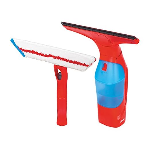 Vileda Windomatic Set Aspirador de ventanas y mopa de microfibras con spray, limpiacristales con cuello flexible y pulverizador con mopa, batería extra duradera, medidas 17.5 x 12 x 32 cm, color rojo
