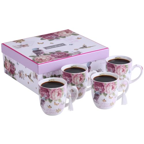 London Boutique Set di 4 tazze in porcellana fine, stile shabby chic, vintage, retrò, in confezione regalo, 330 ml (uccello, rosa, farfalla)