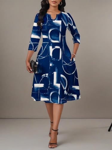 Image of PinkPatty Women's Casual 3 /4 Sleeve Midi Dresses Fit and Flare Church Work Dress with Pockets