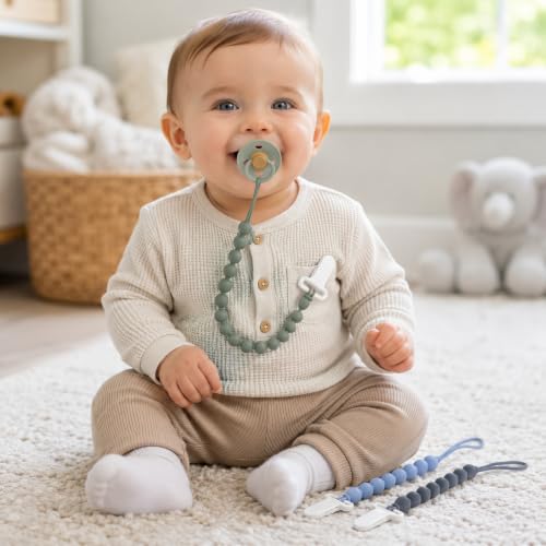 Image of 6 Pack Silicone Pacifier Clips for Boys and Girls, One-Piece Beads Pacifier Clip Set with Durable Plastic Clip, Modern Color Pacifier Holder for Baby Essentials
