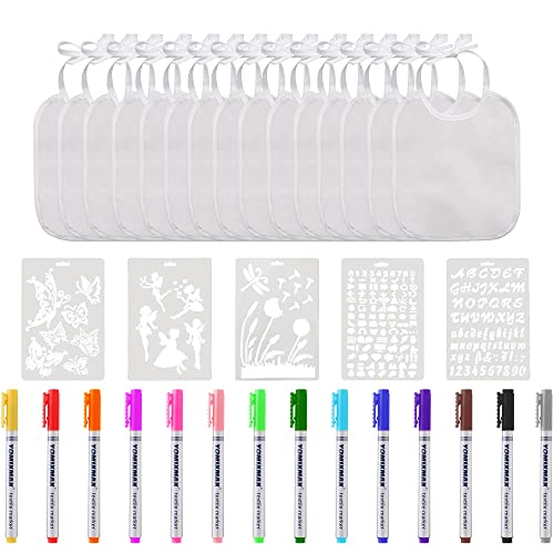 Yuille 15 Pièces Bavoirs Blanc Bébé,Coton Bavoirs Blanc La Peinture,Foulards pour Bébé,avec 14 Marqueurs Textile et 5 Pochoirs Peindre,Idéals Comme Cadeau de Fêtes Prénatales Cover