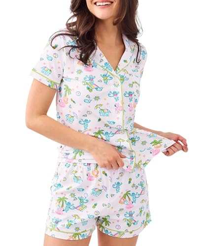 Image of 2-Piece Monkey Pajamas Set for Women Button Down V Neck Summer Y2K Beach Matching Lounge Set for Vacation Jammies Party Birthday Thanksgiving (Pool Party, Small)