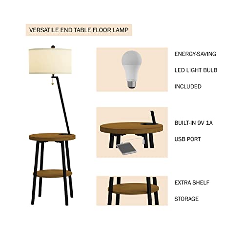 Lavish Home Floor Lamp End Table-Mid Century Modern Side Table With Drum Shaped Shade, Led Light Bulb Included, Usb Charging Port And Storage Shelf #TOP3