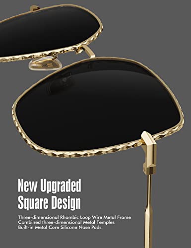 Image of LUENX Square Sunglasses for Women Oversized-Trendy Polygon Flat Three dimensional Rhombic Loop Wire Frame PC Lens, Gold Frame /Grey Lens,