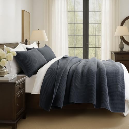 Image of EVERGRACEHOME Cotton Coverlet Set Full Queen Size 3 Pieces, Lightweight Soft Ribbed Matelasse Bedspread Quilt Set, Cozy Oversized Quilted Bedding Set with 2 Pillow Shams for All Seasons, Midnight Blue