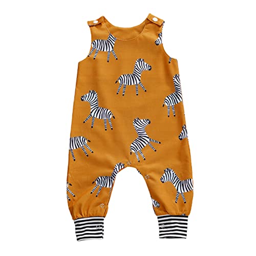 Newborn Baby Boy Girl Tank Jumpsuit Sleeveless Crewneck Cartoon Animals Printed One Piece Romper Summer Onesie (Yellow Zebra, 0-6 Months) #TOP9