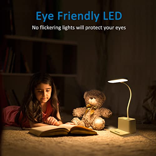 Lampe de Bureau LED 5W, 3 Modes d’éclairage et 3 Luminosité Réglable, USB Lampe de Bureau pour Enfants Rechargeable, Col de Cygne Flexible, Avec Porte-Stylo et Support pour Téléphone Portable, Blanc - Image 7