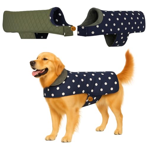 Image of Sage Square Dual-Sided Polka Dot Dog Jacket - Protective Cold-Weather Gear for Pets, Lightweight, Cushioned, Designed for Warmth & Comfort Indoors or Outside (Polka Navy Blue, 3XL - 24 Inch)