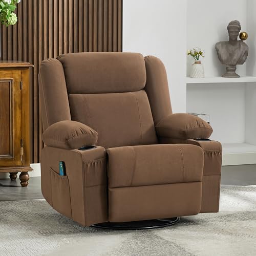 Image of Swivel Recliner Chair for Adults,Rocker Recliners with Vibration Massage and Lumbar Heat,Ergonomic Rocking Chair with Side Pocket,2 Cup Holders for Living Room