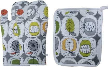 FAIRY HOME Cotton Microwave Oven Mitten for Microwave - Set of 3 PCS 2 Oven Gloves & 1 Pot Holders- Heat Resistant