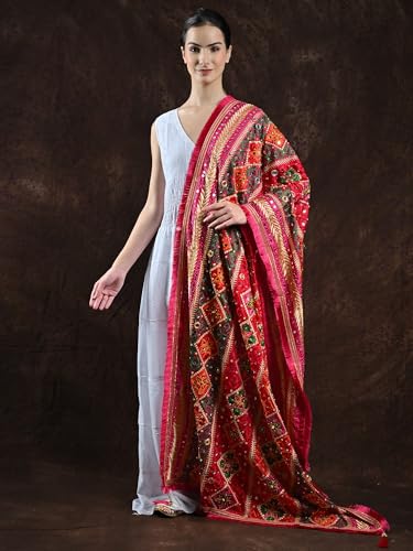 Phulkari Dupatta/Chunni For Women's from Punjab with Multicolor Thread Embroidery and Bead-Mirror Work2