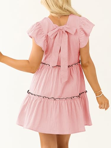 Image of Women's Summer Babydoll Mini Dress V Neck Tie Back Ruffle Sleeve Casual Tiered Loose Flowy Swing Tunic Shift Dress